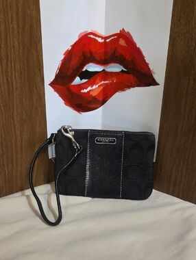 Coach Black Signature Wristlet with Leather Center Panel